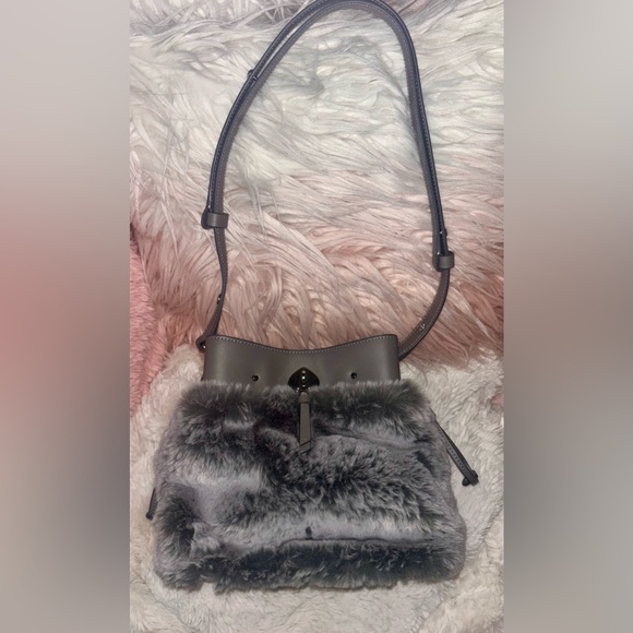 NEW Kate Spade Marti Gray Faux Fur Leather Small Bucket Satchel Handbag - Picture 7 of 16
